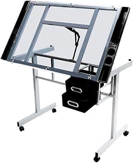 Topeakmart Glass Drafting Table Rolling Drawing Desk Artists Art Craft Desk w/2 Slide Drawers and Wheels for Home Office School