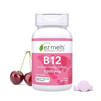 Dissolvable B12 2,500 mcg - Vitamin B12 for Energy & Immune Support - Non-GMO, Vegan & Gluten-Free - Red Cherry - 90 Sublingual Tablets (90 Servings)
