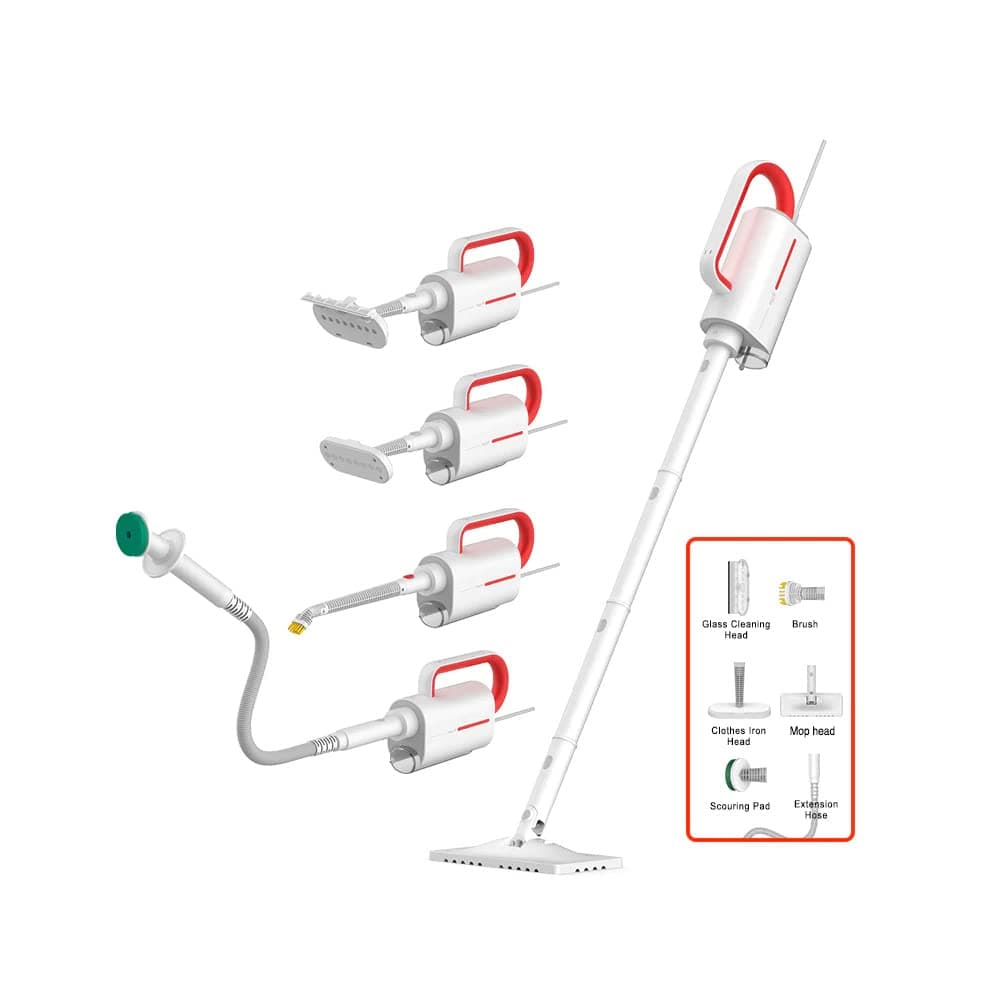 DeermaZQ610 Multi-function Steam Cleaner with 5 Brush Heads 1600W | Lightweight Steam Glass Scraper | Glass Cleaning | Steam Iron | Scouring Pad | Kitchen Cleaning | 99.99% Sterilization - White