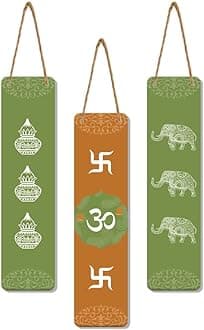 Artvibes Auspicious Symbols Designer Wooden Wall Hanging Decoration Items for Home | Gifts | Bedroom | Wooden Wall Hanger | Mdf Wall Decoration for Living Room | Artworks (WH_8105N), Set of 3