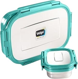 Veigo Jumbo Insulated [New Launch] Light Green Stainless Steel Lunch Box with Small Veg Box | Unbreakable Lid| Leakproof| Airtight| Easy to Open (950+180ML) Kids Office School Picnic & Travelling
