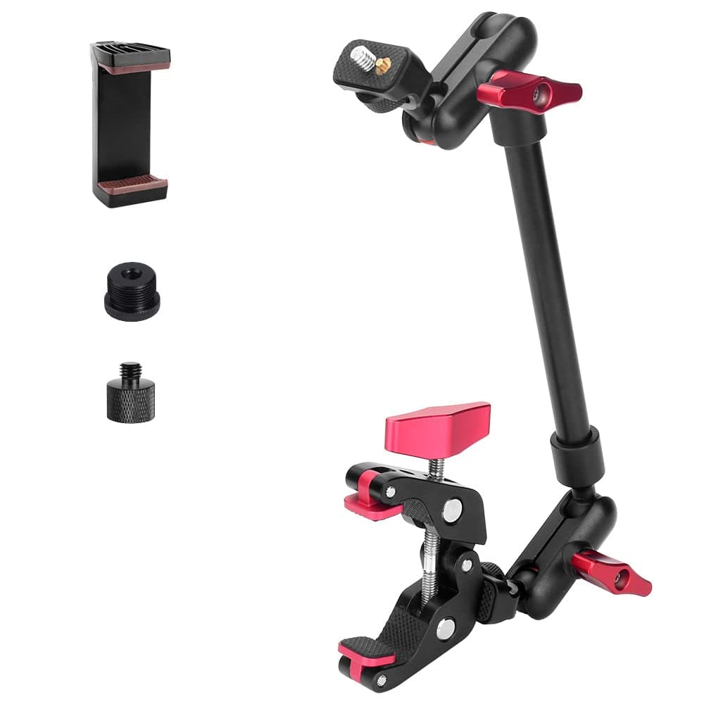 13"/34cm Magic Arm w Clamp, Camera Mount & Clamp w 1/4" 3/8" Threads and Articulating Friction Magic Arm, Overhead Phone Mount, Camera Boom Arm Mount for Light Webcam Mic Action Camera Monitor