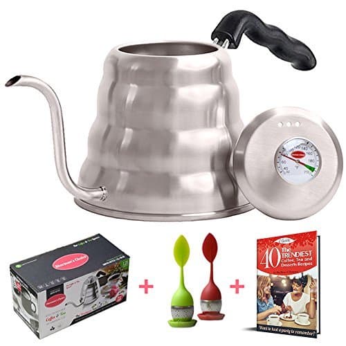 Pour Over Coffee Tea Kettle Set - Temperature Control Thermometer Gooseneck Tea Pots for Stove Top. BONUS 2 Loose Tea Infuser & 40 Recipes. Limited Time Special Offer - Shermans Choice (1.2L/40 oz)