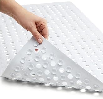 Gorilla Grip Patented Bath Tub and Shower Mat, 35x16, Machine Washable, Extra Large Bathtub Mats with Drain Holes and Suction Cups to Keep Floor Clean, Soft on Feet, Bathroom Accessories, White