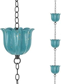 8.2ft Rain Chains for Outside, 10-Cup Lotus Rain Chain Replacement Downspout for Gutters, Eaves, Drainage, Adjustable Length(Light Blue)