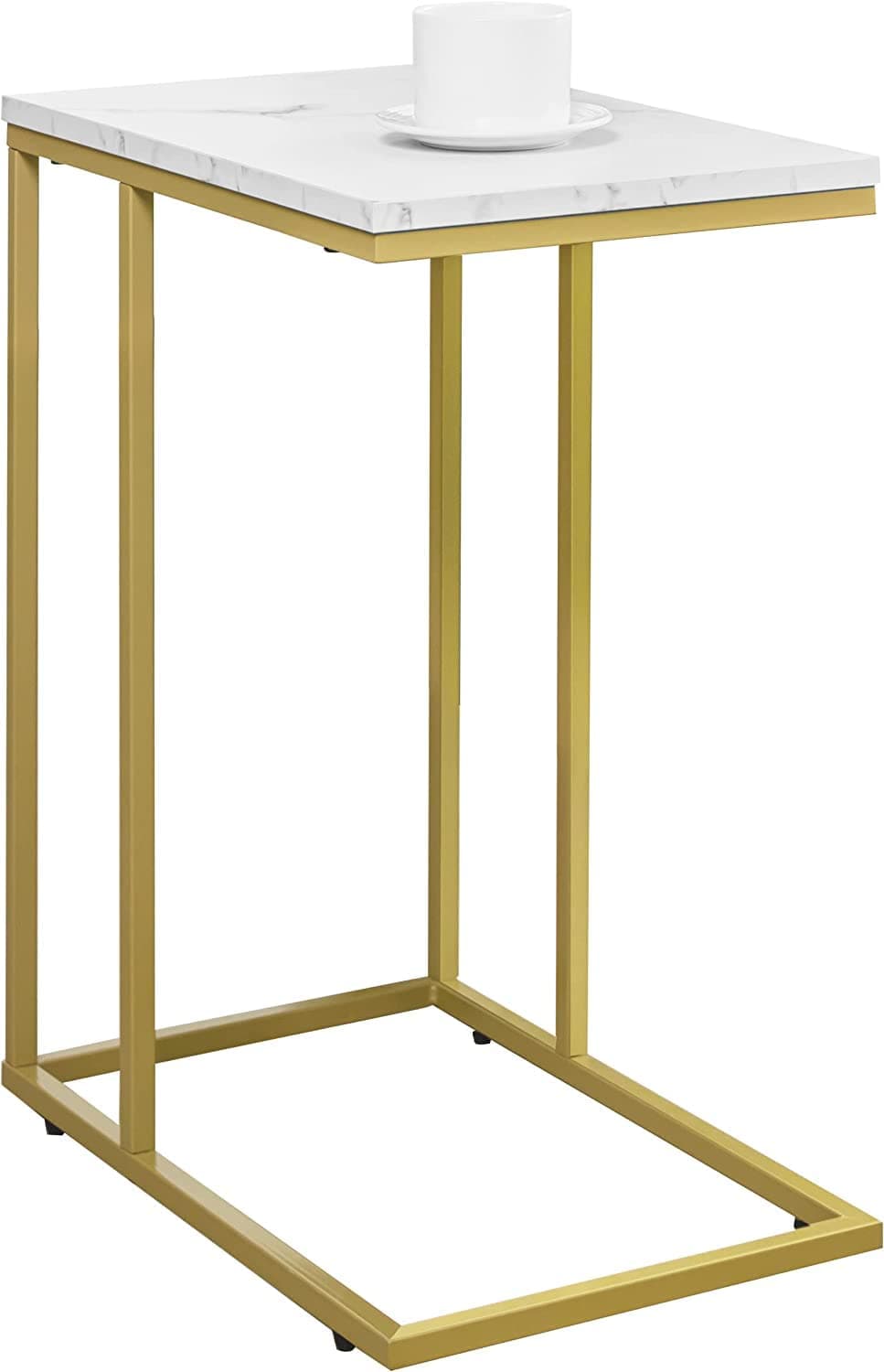 New Mark Impex C Shaped Side Table - Faux White MDF Furniture Square Shape End Table for Sofa Couch & Living Room, TV Tray Table, 19" W x 12" D x 23" H, Gold Frame