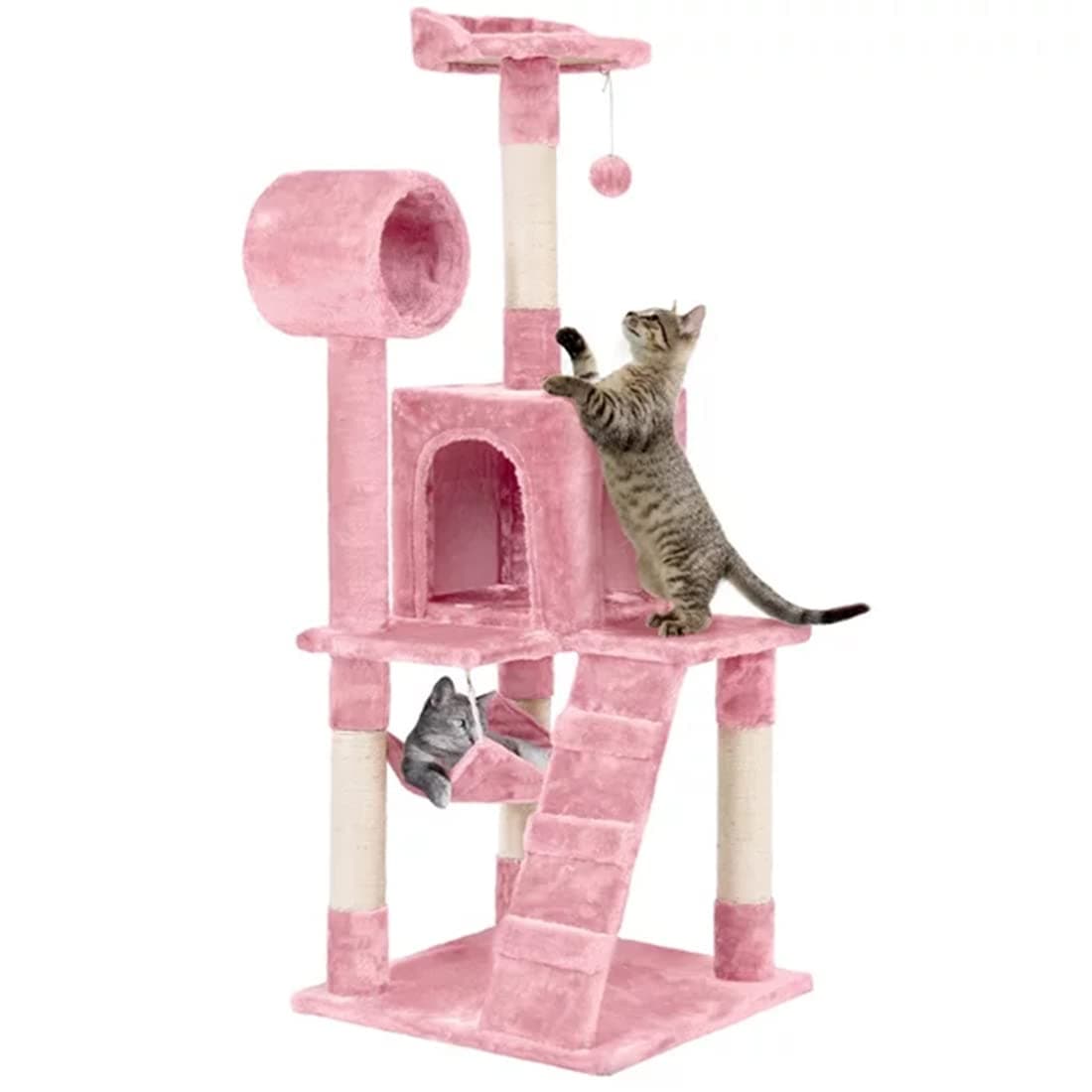 HHUI 51'' Cat Tree with Hammock and Scratching Post Tower, Multiple Level Cat Tree, Pink