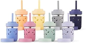 Elk and Friends Kids + Toddler Glass Cups | The Original 8oz Glass Mason Jar with Sleeves + Lids | Silicone Straws + Stopper | Smoothie Cup | Food Storage | Spill Resistant | Dishwasher Safe | 8 Pack