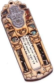 Star of David & Hamesh Hand Mezuzah with Israel Gemstones - 3 Layers Wooden Mezuzah (10cm or Ã‚ 4 inches)
