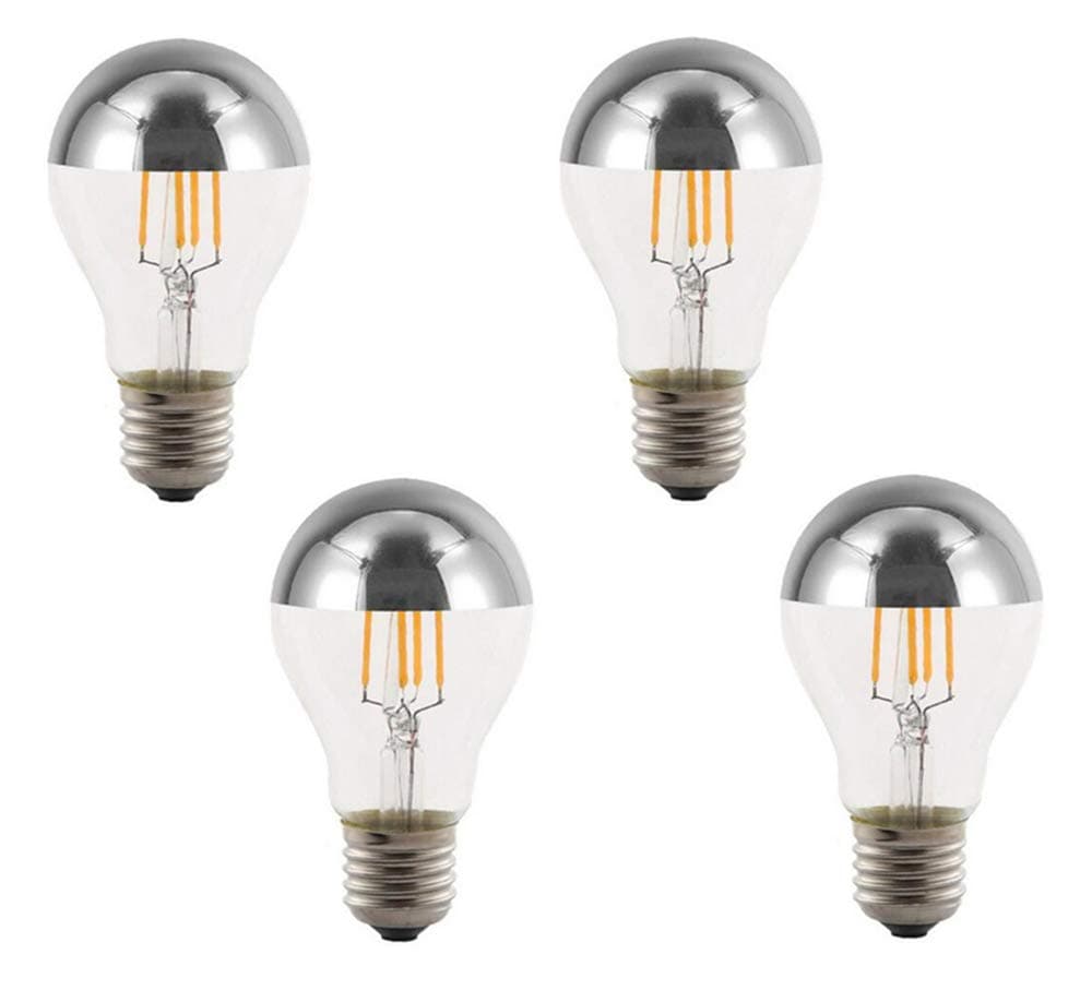 Half Chrome Light Bulb A60 4W(40W Equivalent) E27 Base LED Filament Vintage Edison Bulb with Mirror Half Chrome Silver Bulb,for Bathroom Kitchen Living Room,Warm White 2700K,Non-Dimmable,4Pack
