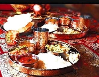 Stainless Steel Copper Hammered Finish Dinner Set of 1 Thali, 3 Bowl, 1 Water Glass, 1 Dessert Spoon, 1 Sweet Dish (Thali Diameter 13 inch) Set of 2