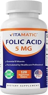Vitamatic Folic Acid 5mg (5000 mcg) – 120 Vegetarian Tablets High Potency Vitamin B9 (Folate) for Cellular Health, Heart Support & Prenatal Care