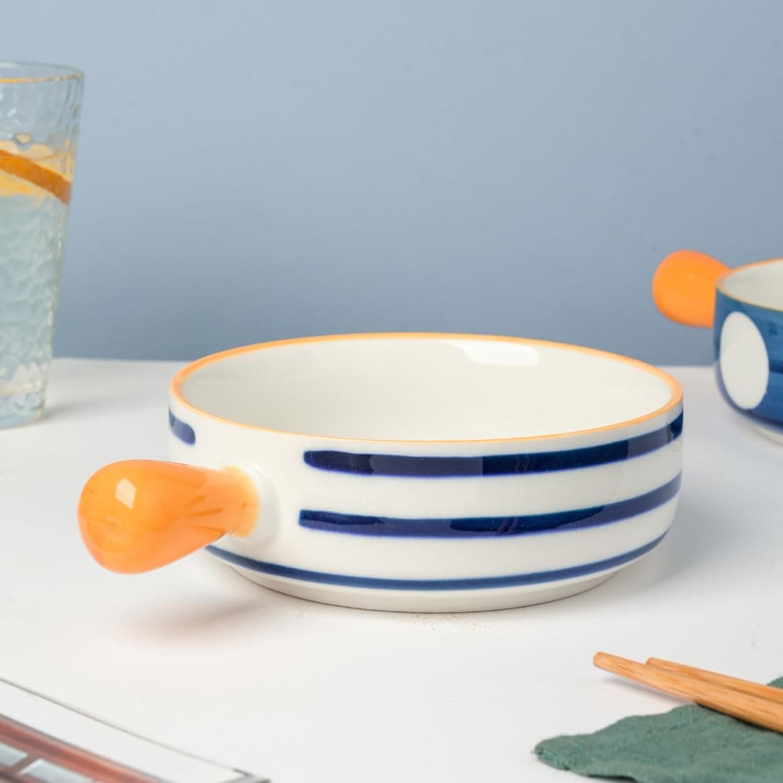 - Ceramic Snack Bowl with Handle | White & Blue Serving Bowl with Yellow Handle | Microwave & Dishwasher Safe Big Bowl Perfect for Snacks, Noodles, Salads, Soup, Baking (700ml)