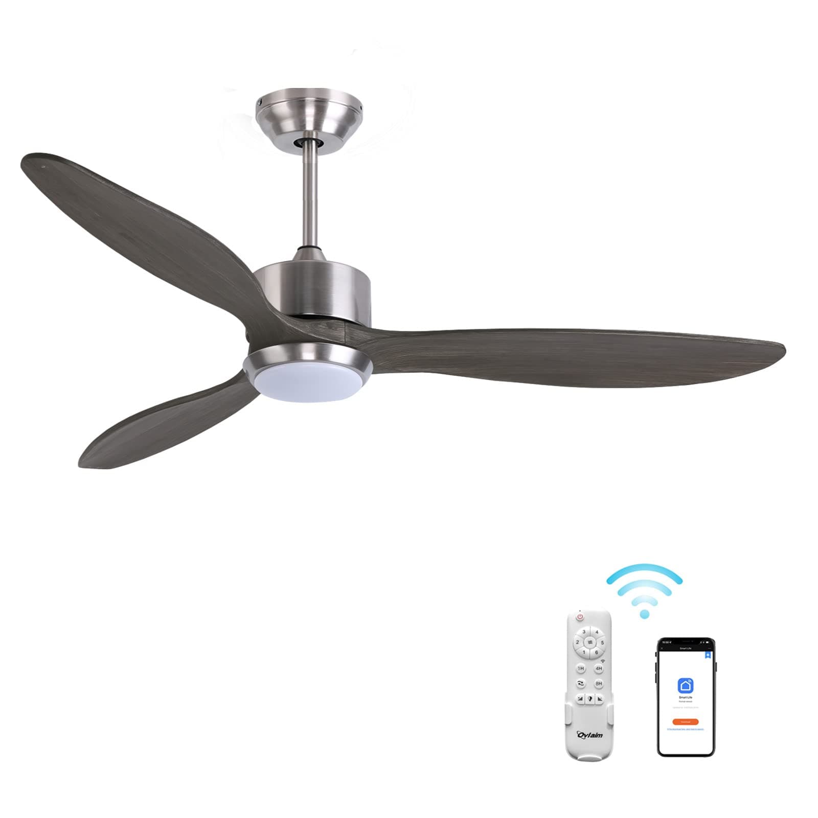Quiet DC Motor 132CM Solid Wood Ceiling Fan with Light Remote Control, 3 Blade Propeller Modern Smart Ceiling Fans, Gray