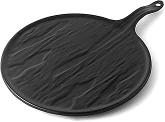 LOGRO Pack of 1 Piece Pizza Serve Plate Board with Handle Bat for Kitchen Dining Table Scratch Resistance Melamine Black Platter for Snacks, 10inch