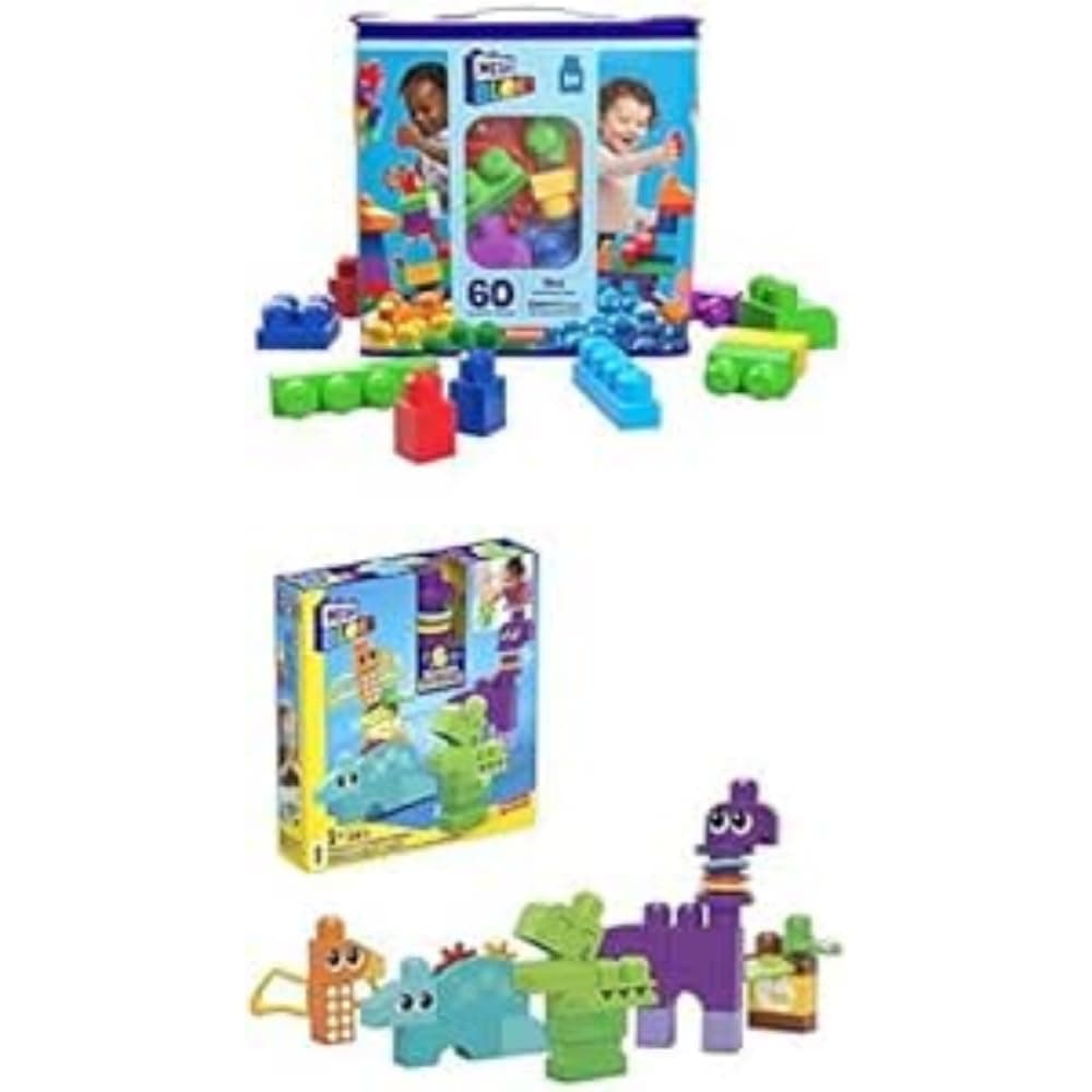 MEGA BLOKS - Bundle Pack - Big Building Bag set with 60 blocks (DCH55) + Fisher-Price Sensory Building Toy with 24 pieces (HKN43). Colorful building blocks, 1 storage bag, toy gift for ages 1 and up