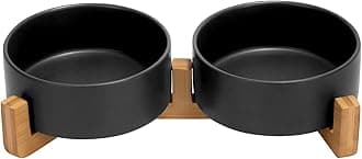 SPUNKYJUNKY Ceramic Dog and Cat Bowl Set with Wooden Stand, Modern Cute Weighted Food Water Set for Small Size Dogs (13.5OZ ) & Medium Sized Dogs (28.7OZ) & Cats (1.7 Cups, 2 × Black)