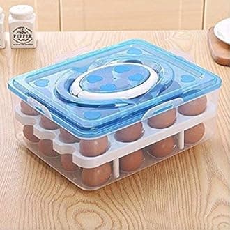 Double Layer 32 Grid Egg Storage Box for Vegetable Egg Storage Container Wit Lid and Refrigerator Kitchen Food Outdoor (Blue Color)