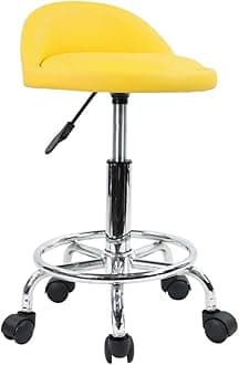 KKTONER PU Leather Round Rolling Stool with Foot Rest Height Adjustable Swivel Drafting Work SPA Task Chair with Wheels (Yellow)