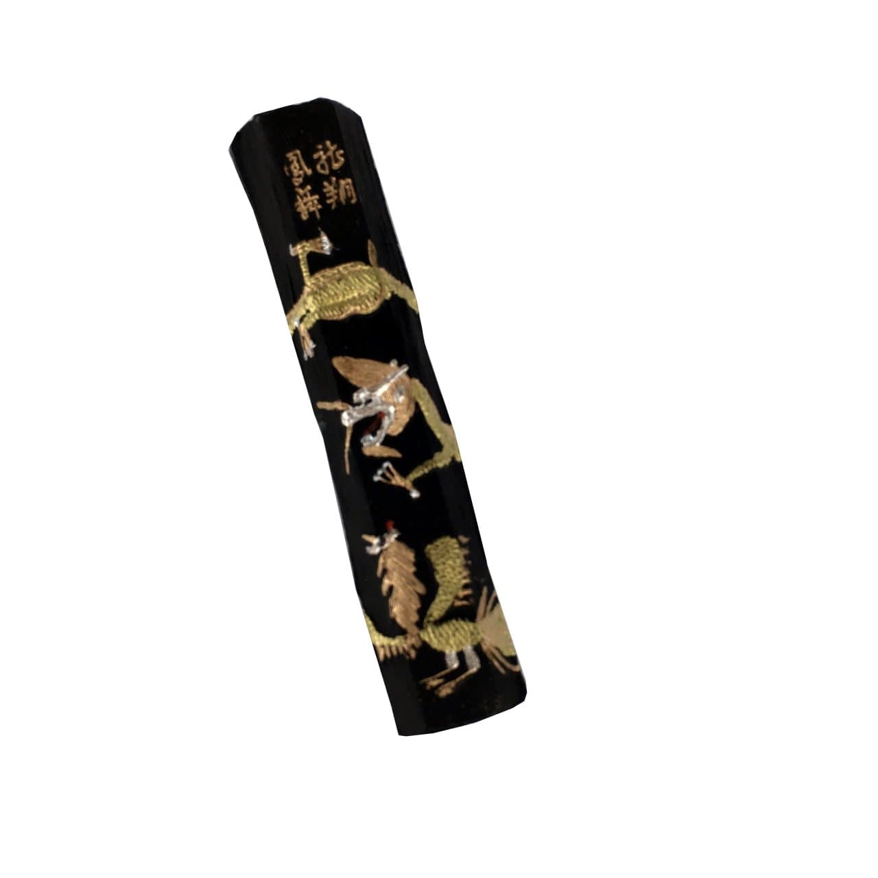 Old Hu Kai Wen Dragon and Phoenix Medium Size Black Inkstick with a Handmade Xuan Paper Sample (Quan Yan, 37 grams)