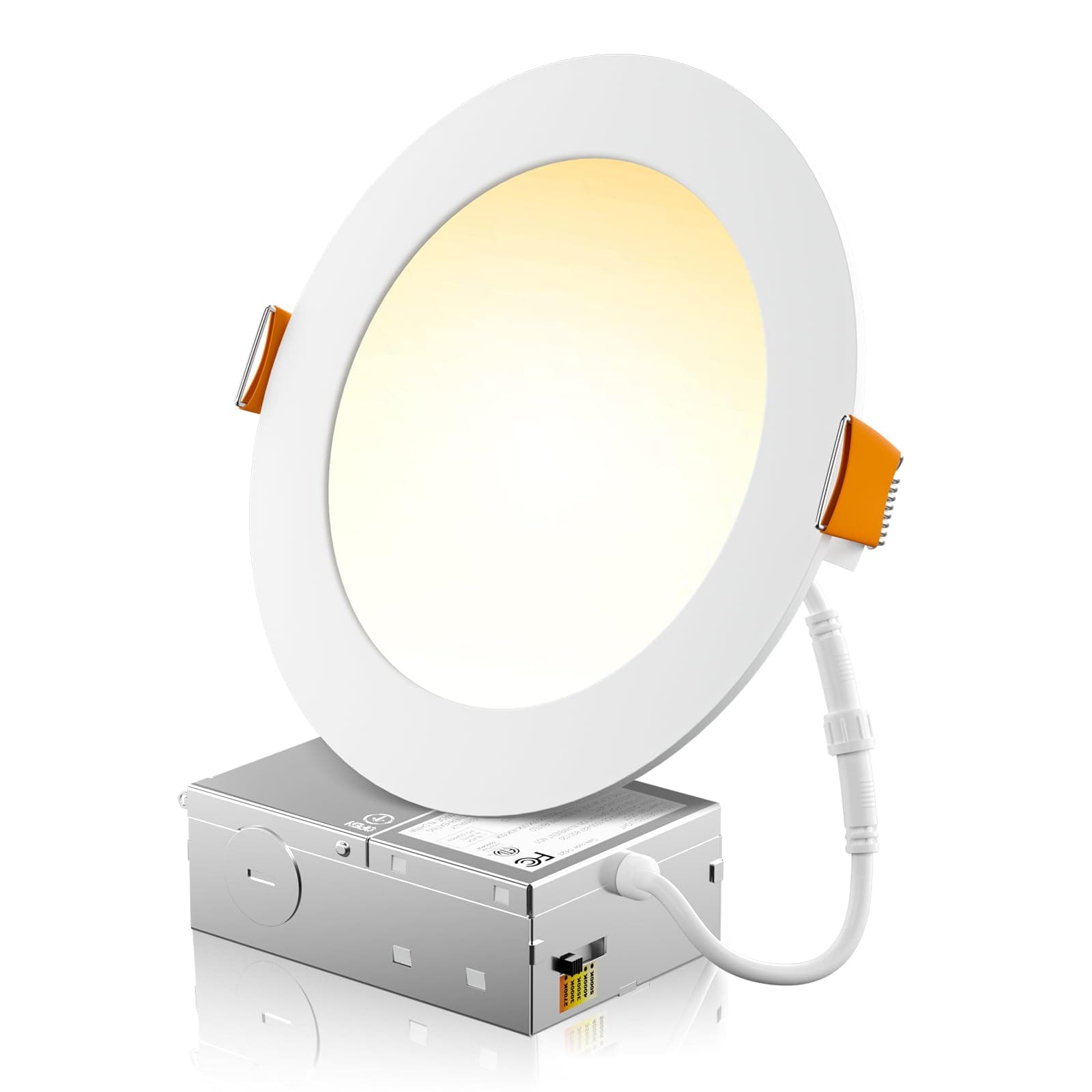 1 Pack 6 Inch 5CCT Ultra-Thin LED Recessed Ceiling Light with Junction Box, 2700K/3000K/3500K/4000K/5000K Selectable, 1050LM Brightness, Dimmable Canless Wafer Downlight, 12WEqv110W-ETL&FCC