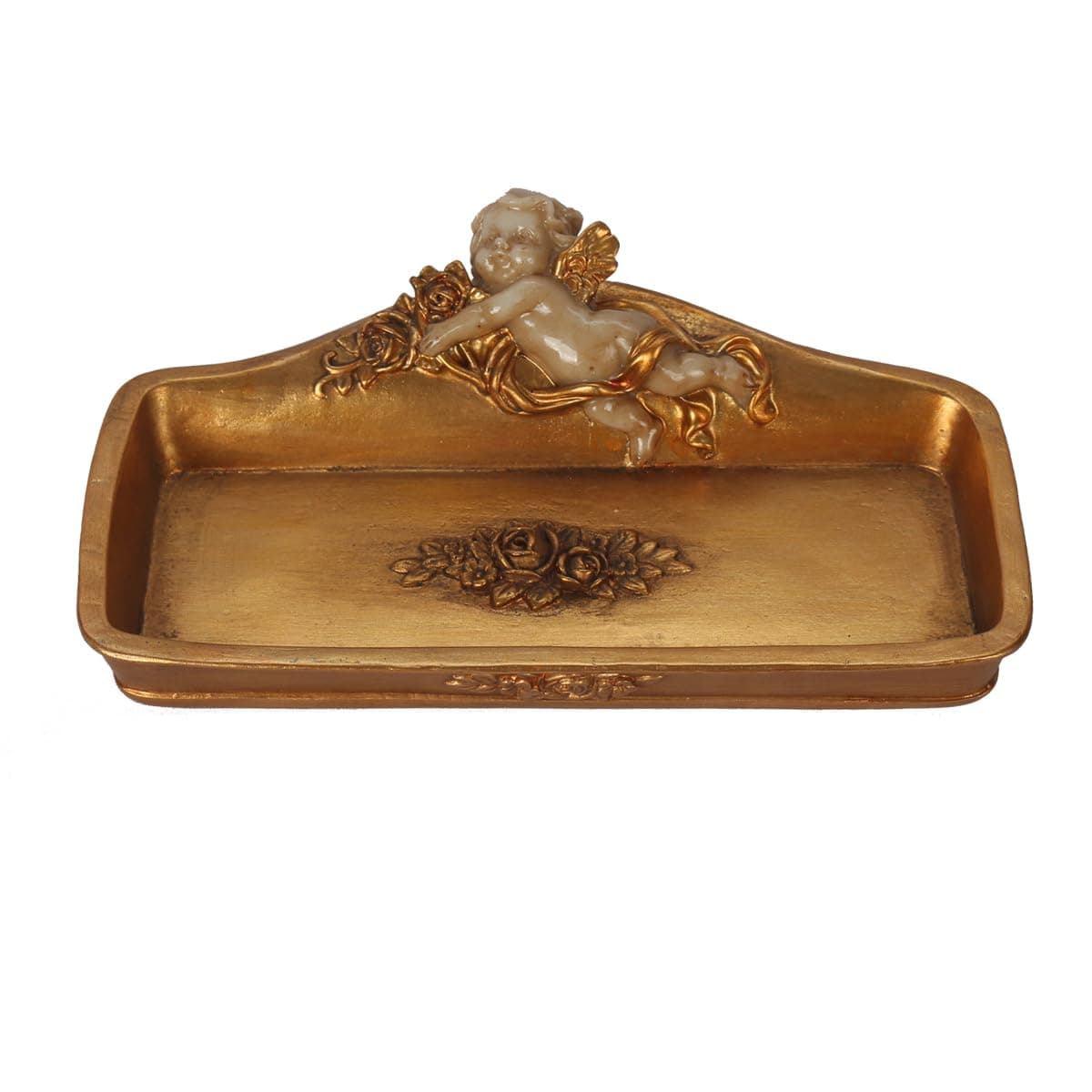 Vintage Tray Antique Trinket Dish, Small Rectangular, Ring Holder With Cherub and Floral Design,Jewelry Or Cosmetics Makeup Storage Organizer,Gift,Aesthetic Room Decor (Ivory and Gold-Cherub)