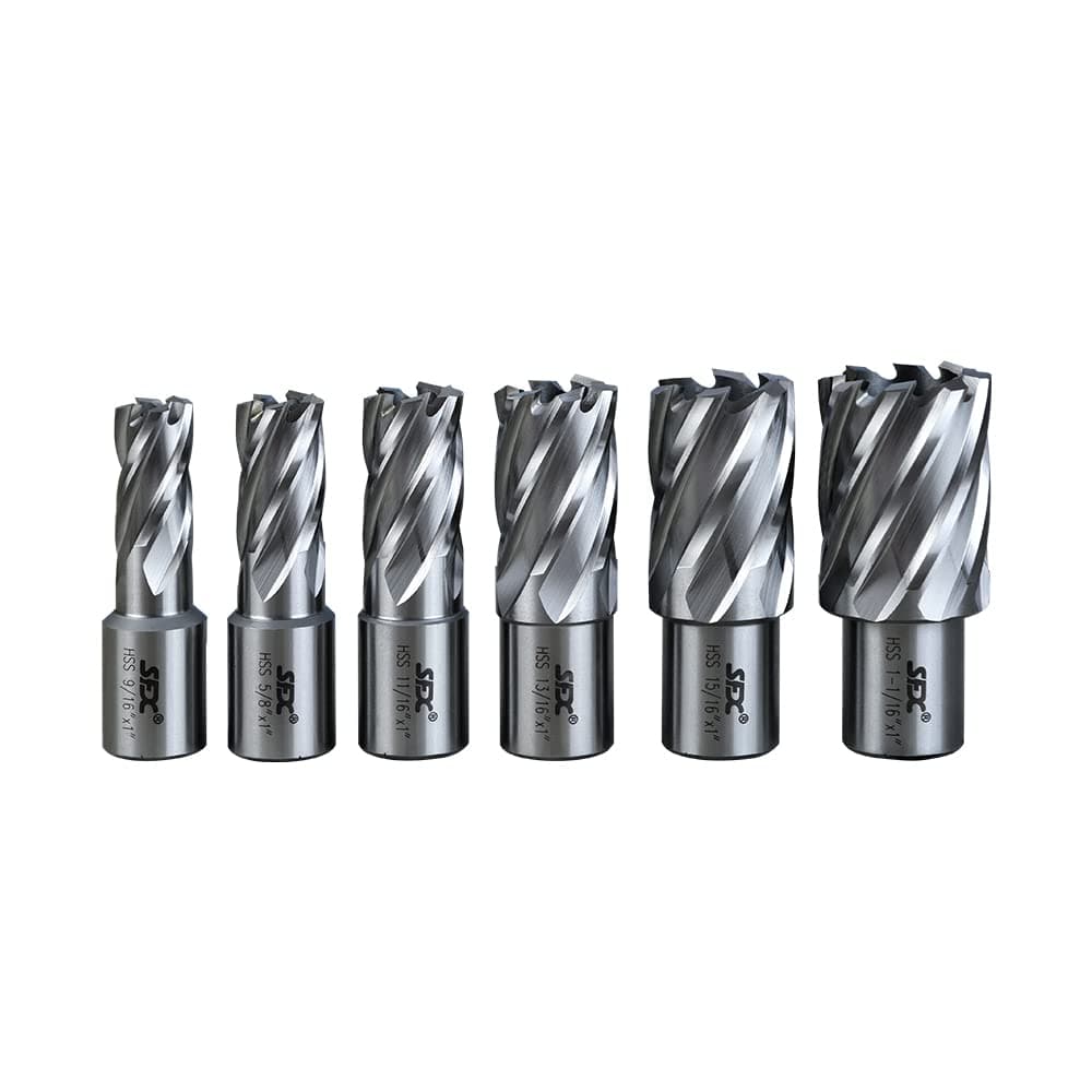 YXHTOOLS HSS Annular Cutter Set 6 pcs Cutting Depth 1" 3/4 Inch Weldon Shank and Diameter 9/16",5/8",11/16",13/16", 15/16'',1-1/16" with 1 Pilot Pins for Drill Press Standard,Magnetic Drill Press