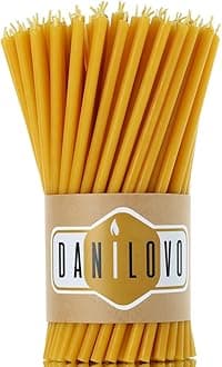 Danilovo Thin Taper Beeswax Candles - Honey-Scented, Decorative Candles Ideal for Birthday Decoration or Church Prayers - Yellow Drip Free, Tall & Smokeless Pack of 50 pcs, 16 x 0,55 cm