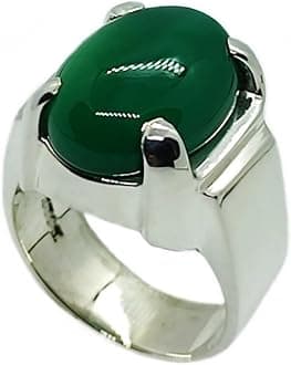 14 Carat Natural Yemeni Deep Green Aqeeq Mens Plain Elegant Ring Sterling Silver 925 Handmade Sabz Aqeeq Ring Gift for Him Agate Ring Religious Ring (9.5)