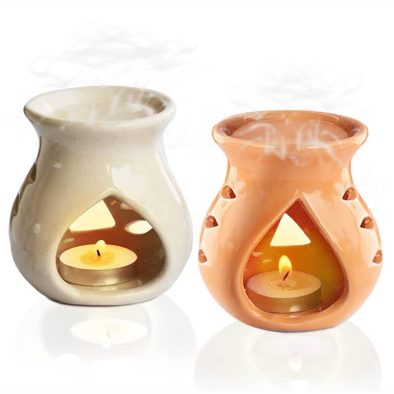 Pure Source India Ceramic Oil Burner Aroma Diffuser Set of 2 (Orange & Off-White)
