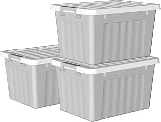 Cetomo15L*3 Storage Boxes with Lids, Plastic Storage Bins with Latching Buckles, Click Closure, Stackable, Nesting, Organizer for Home Office Clothes, Gray, 15L-3 Pack