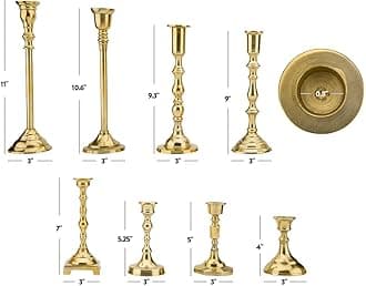 Koyal Wholesale Mixed Taper Holders, Set of 10, Mismatched Candlesticks Set, Bohemian Decorative Taper Candle Set Holder for Modern Candle Centerpieces, Vintage Mantle Decor, Provincial (Gold)