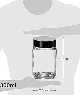 Vency Piramal Glass Cubical Square 300ml Transparent Glass Jars & Containers for Kitchen Pantry, Snacks, Masala, Pickles, Dry Fruits, Coffee Beans Storage with Black Plastic Lid (300ml, Set Of 3)