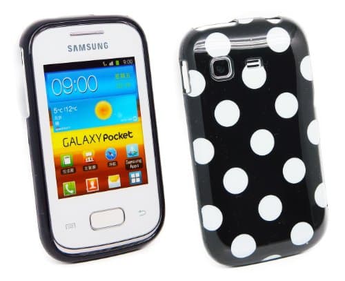 Kit Me Out US TPU Gel Case + Screen Protector with MicroFibre Cleaning Cloth for Samsung Galaxy Pocket S5300 - Black / White Polka Dots