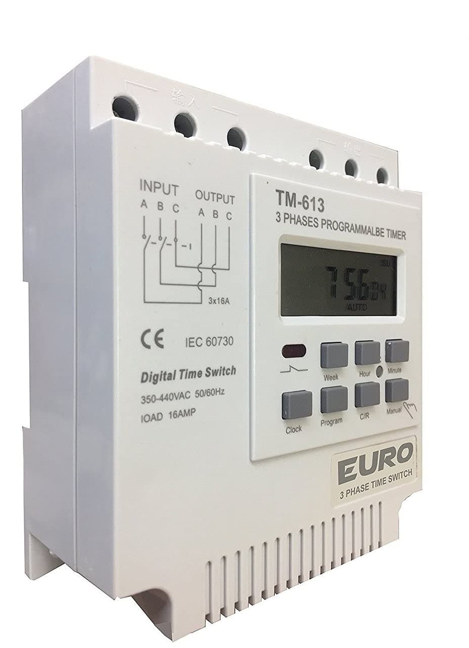 EuroControls TM613-3 phase Digital Timer - 17 on/off Programmable weekly - 16 Amps - 350-440v AC - din rail mount