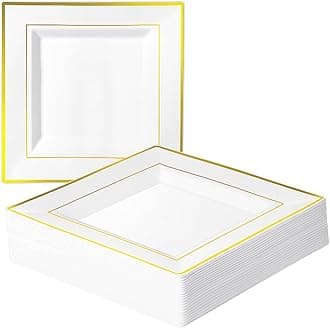 MATANA 20 Premium White Square Plastic Dinner Plates with Gold Rim, 24cm / 9 Inch - Elegant & Reusable Party Plates for Christmas, Weddings, Birthdays, Picnic, BBQ, Parties