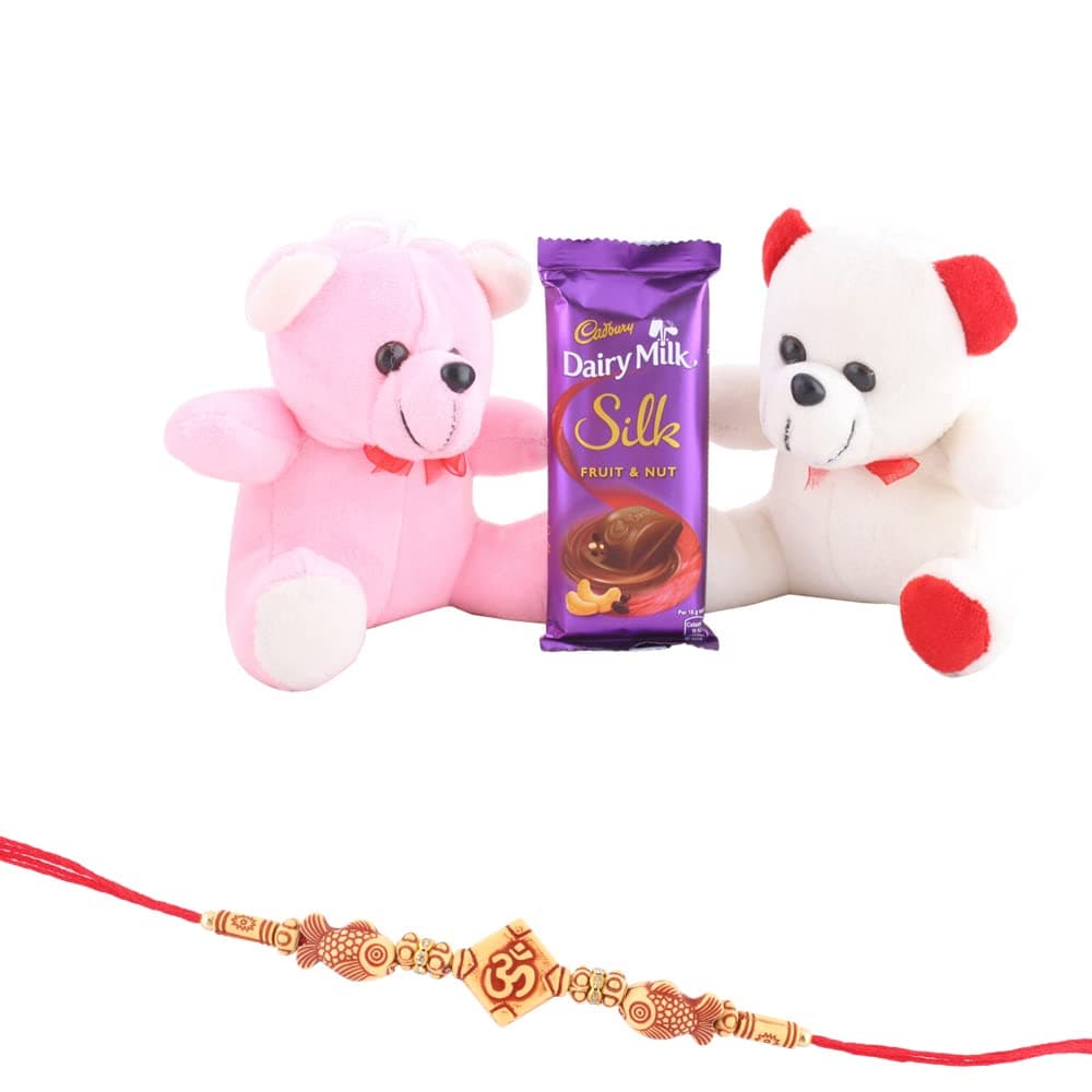 SFU E Com Dairy Milk Silk with 2 Teddy Bear | Rakhi Chocolate for Brother | Designer Fish with OM Rakhi with Chocolates | Roli, Chawal, Chandan, Misri | 543