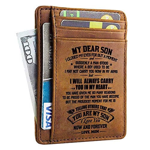 Minimalist Wallets Gift for Son from Mom - Engraved Leather Front Pocket Wallet - Custom Wallet RFID Blocking