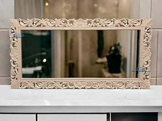 Wooden Carved Mirror Frame for Wall Decoration | Solid Mango Wood | Cream Duco Finish | Wall Mount Frame for Bedroom, Living Room & Hall | Size 5 x 2.5 Feet (Without Mirror)