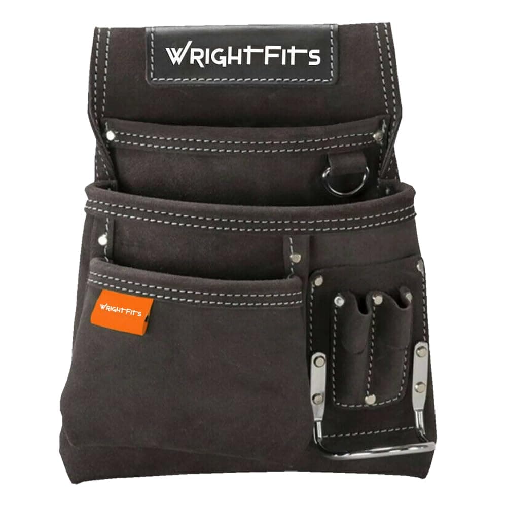 WrightFits Tool Pouches with Multi Pockets | Leather Tool Belt Pouch | Hammer Holder and Nail Pouch Organiser for Builders, Carpenters, Gardeners, Electricians- Dark Brown