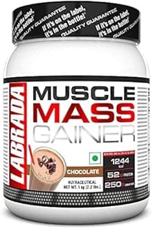 Labrada Muscle Mass Gainer Powder(1 kg) (Chocolate) 2.2 lbs, Gain Weight, Post-Workout, 52gm Protein, 250g Carbs,1g Creatine, 500mg L-Glutamine,For 3 Servings