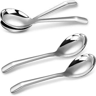 Premium 7.3 Inches Soup Spoons with Hook Handle, Set of 4, 18/10 Stainless Steel, Deep Bowl, Perfect for Ramen, Pho, Miso, Dumplings, Noodles, Wonton, Dishwasher Safe (Curved-Handle)