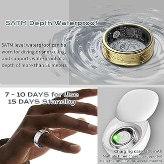 Smart Ring Fitness Tracker Sleep Tracking Heart Rate Monitor Pedometer, Waterproof Activity Tracker Fitness Ring Steps Counter, Gesture Controls for Short Video, 8 Days Last, Classical Gold, #12