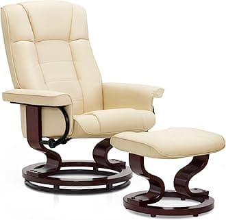 Manual Swivel Recliner with Ottoman, Chair Ottoman Set for RV Small Spaces, Living Room, Bedroom, Office 9019 4919 (Faux Leather, Cream White)