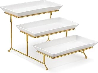 MALACASA 3 Tier Serving Trays for Party, 12 Inch Porcelain White Trays for Serving Food, Dessert Stand with Collapsible Gold Metal Rack