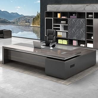 LITFAD Modern Office Computer Desk Wood Executive Desk with Side Storage, CPU Stand and Cord Management, L-Shape Writing Desk Boss Table Home Office Furniture Without Chairs, 102" L x 63" W x 29.5" H