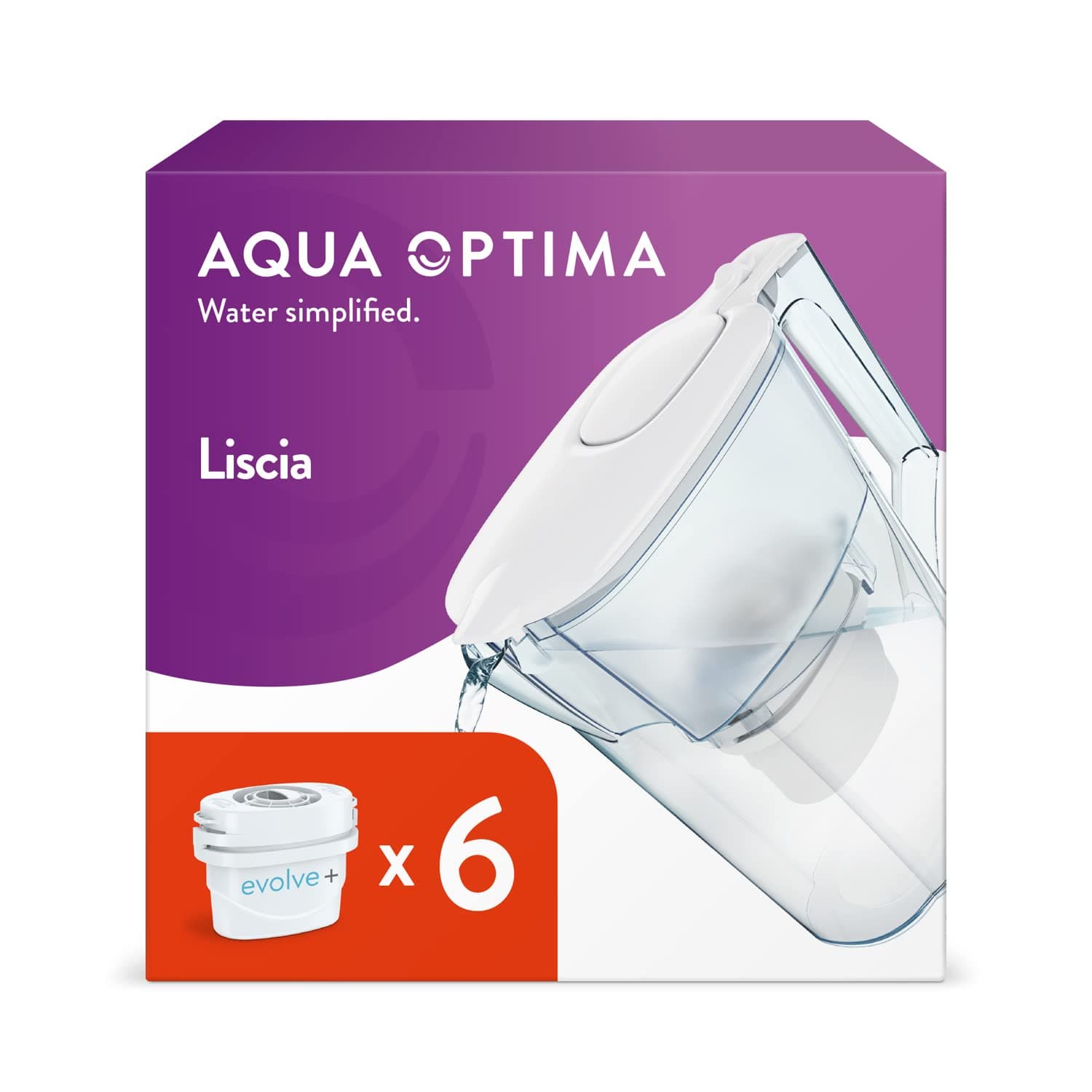 Aqua Optima Liscia Water Filter Jug & 6 Evolve+ Filter Cartridges 2.5L White - Fridge & Dishwasher Friendly, Easy Fill - Reduces Limescale, Chlorine & Other Impurities - By LAICA (Packaging May Vary)