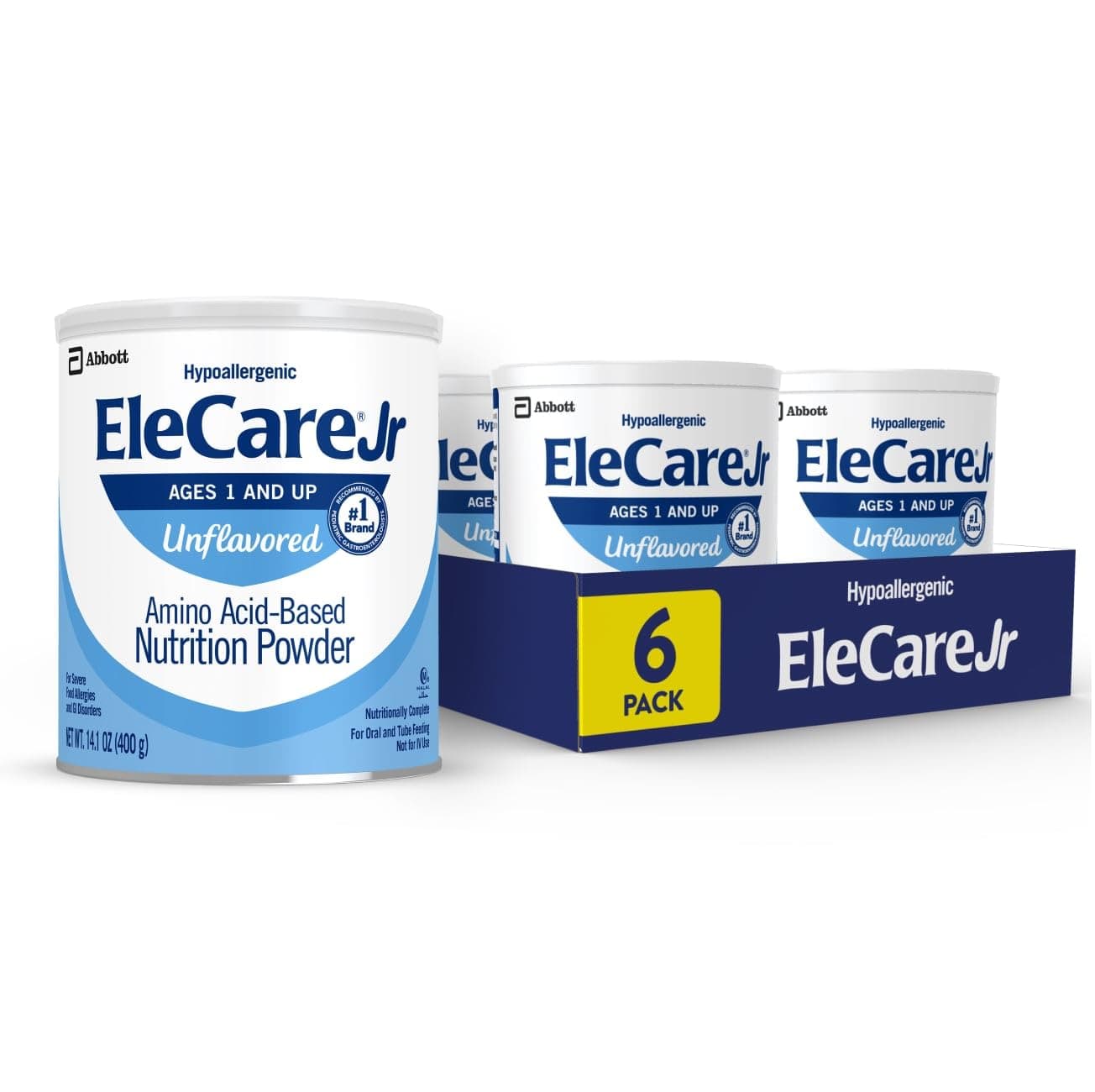 EleCare Jr Amino Acid-Based Nutrition Powder, Complete Nutrition for Ages 1 and Older With Food Allergies, Unflavored, 14.1-oz Can, Pack of 6