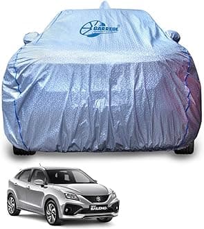Waterproof Car Body Cover for Maruti Baleno with Mirror and Antenna Pocket and Belt Soft Cotton Lining (Front and Back Bottom Elastic Triple Stitched) (Metallic Silver with Blue Piping)