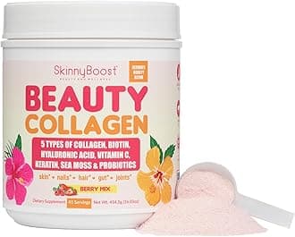 Beauty Collagen Powder-5 Types of Hydrolyzed Collagen, Sea Moss, Biotin, Keratin, Hyaluronic Acid, Vitamin C and Probiotics–Hair, Skin, Nails- All Natural, Made in USA-45 Servings- Mixed Berry